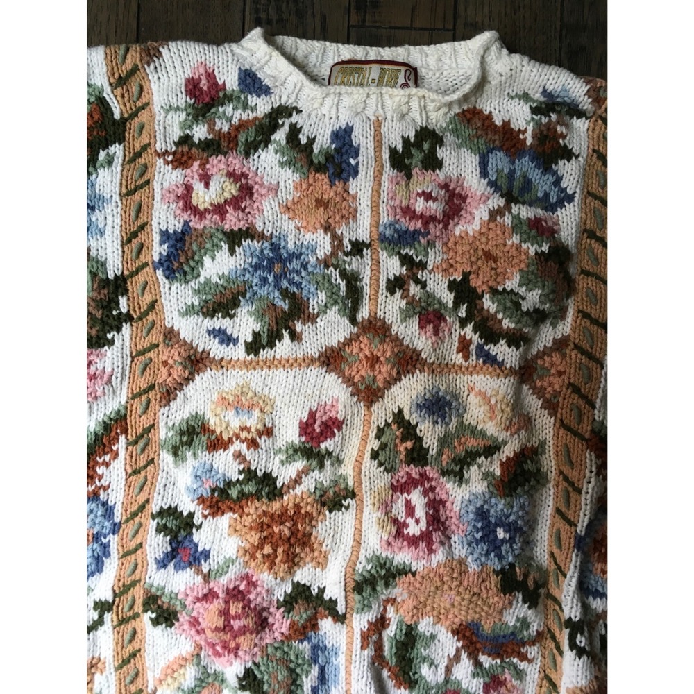 Cristal-Kobe Vintage Floral Tapestry Chunky Knit Sweater Petite Cream Multi 90s - Picture 4 of 14
